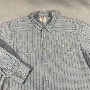 Lucky Brand Western Shirt Men's XL Blue Striped Pearl Snap Pocket Long Sleeve